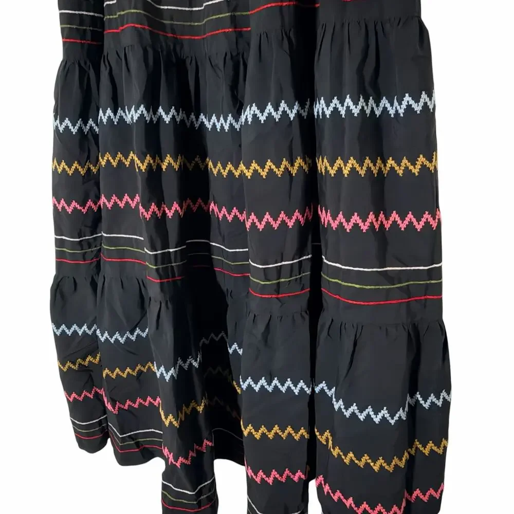 Mi Golondrina Black ZigZag Embroidered Striped Midi Length Skirt - Picture 2 of 3